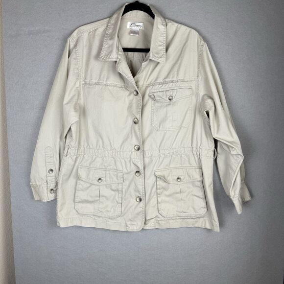 Vtg Norm Thompson Lightweight Utility Jacket Cinch Waistband Khaki Sz Petite XL - Picture 1 of 7